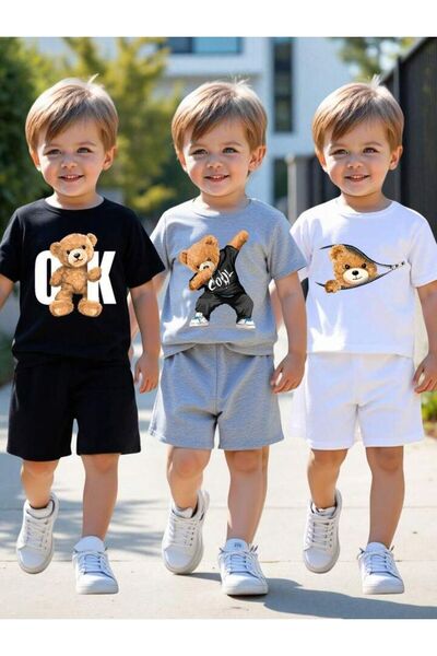 Kids Καλοκαιρινό σετ 3 τεμαχίων με στάμπα αρκουδάκι, σετ σορτς για αγόρια ΜΑΥ...