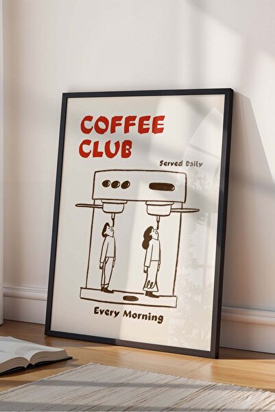 Buka Shops Minimalist Coffee Club Kahve Makinesi Çizimi - Siyah Çerçeveli Esprili Mutfak Tablosu