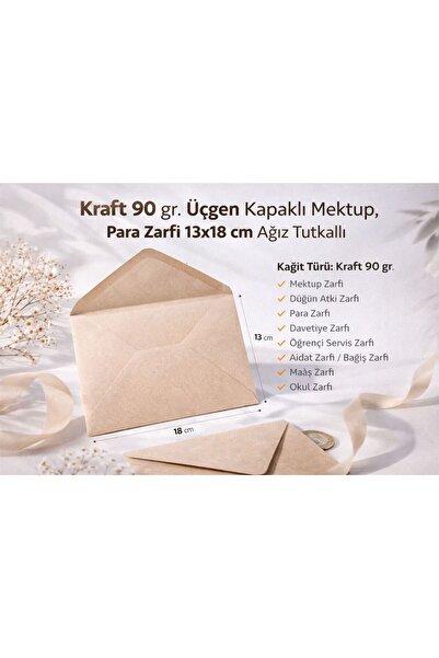 Zirve Kraft 90 grm. Üçgen Kapaklı Mektup, Para Zarfı 13x18 cm Ağız tutkallı (...