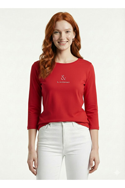 Neden Tekstil Γυναικεία Κόκκινη Βασική Πλεκτή Μακρυμάνικη Μπλούζα