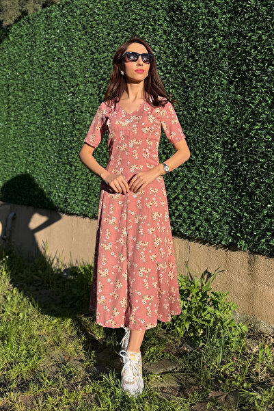 SUN BUTİK Φόρεμα μίντι με σχέδιο σε σχήμα V και λεπτομέρειες σε σκόνη