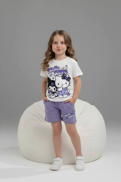 Yağmur Giyim PJKSKT Κοριτσίστικο κοντομάνικο σετ με σορτς με σχέδιο Hello Kit...