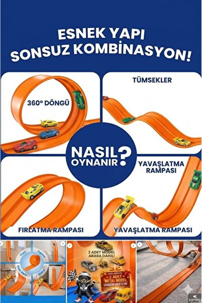 LORELLİ ESNEK ARABA YARIŞ PİSTİ KIVRILABİLİR TURUNCU RENK VAKUMLU 4.5 Metre Flex Track | Metal Araba Hediyel