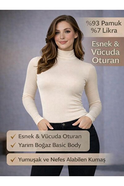 ZAGE GİYİM ZAGE KADIN YARIM BOĞAZ UZUN KOLLU %93 PAMUK LİKRALI ESNEK BASİC BODY