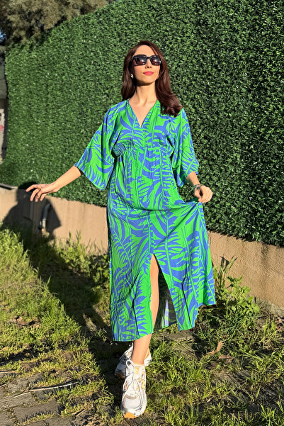 SUN BUTİK Πράσινο μπλε μίντι φόρεμα με διπλό μοτίβο και σκίσιμο