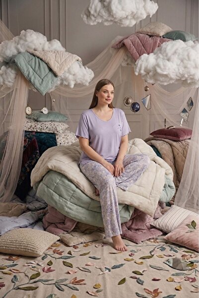 bie's Σετ πιτζάμες Palazzo με κοντό μανίκι από βισκόζη χωρίς κουμπιά σε μεγάλ...