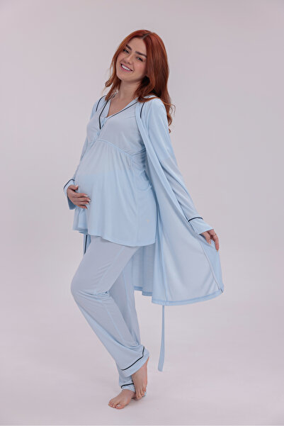 Yulem Homewear Mavi Biyeli Tasarım Pamuklu Kısa Kollu Lohusa Hamile Sabahlıkl...