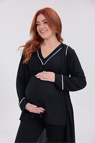 Yulem Homewear Σετ πιτζάμες 3 τεμαχίων με μαύρη βαμβακερή κοντομάνικη ρόμπα ε...