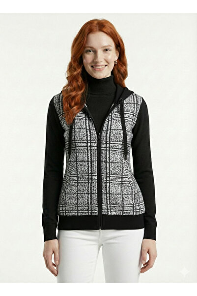 Neden Tekstil Γυναικεία ζακέτα με κουκούλα και φερμουάρ, μαύρο και λευκό καρό...