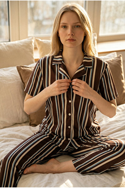 Pijamacs Σετ πιτζάμες με γιακά πουκάμισου με μοτίβο σε καφέ και μπλε γραμμές ...