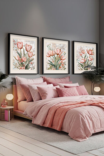 STARYUNA Σετ τριών πινάκων με θέμα λουλούδια και τουλίπες με μαύρο ξύλινο πλα...