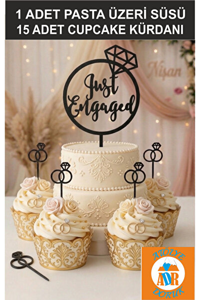 Atölye Doruk Nişan Pasta Dekoru Seti -Yüzük İçinde Just Engaged Figürlü Pasta...