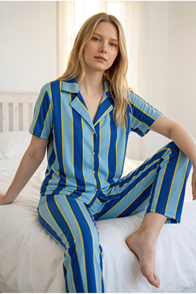 Pijamacs Σετ πιτζάμες με γιακά πουκάμισου με μπλε-λεμονί-κίτρινο μοτίβο ρίγες