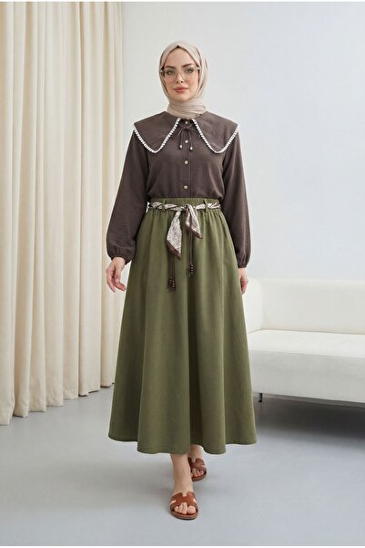 Modamorfo Λινή φούστα με ελαστική μέση, ζώνη και τσέπες -χακί