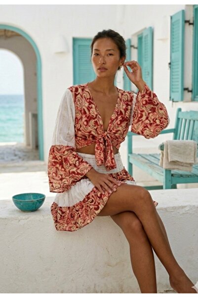 laviyonsa Μποέμ κοντή φούστα & Μπολερό Αυθεντικό μεταξωτό σετ STD 36-46 με λά...