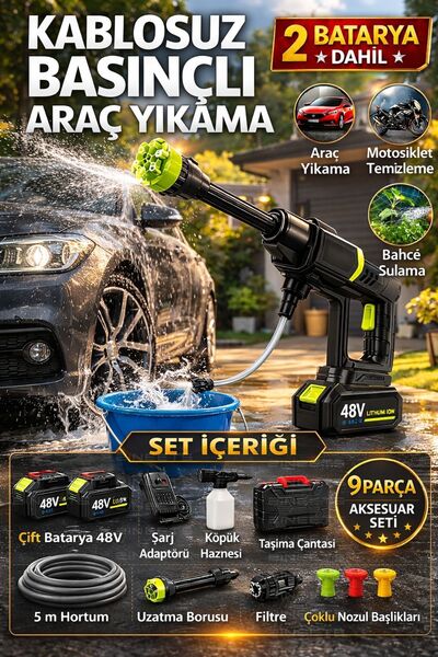 handanca Akülü Şarjlı Yüksek Basınçlı Araç ve Bahçe Yıkama Temizleme Tabancas...