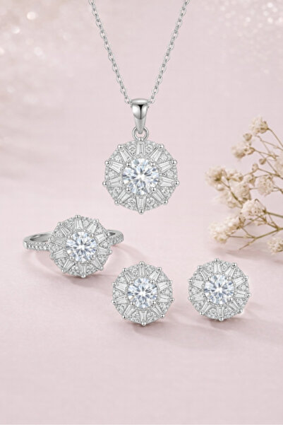 TASLİDUSLERJEWELRY 925 Ayar Gümüş Baget İllüzyon Etkili Çiçek Takı Seti - Mik...