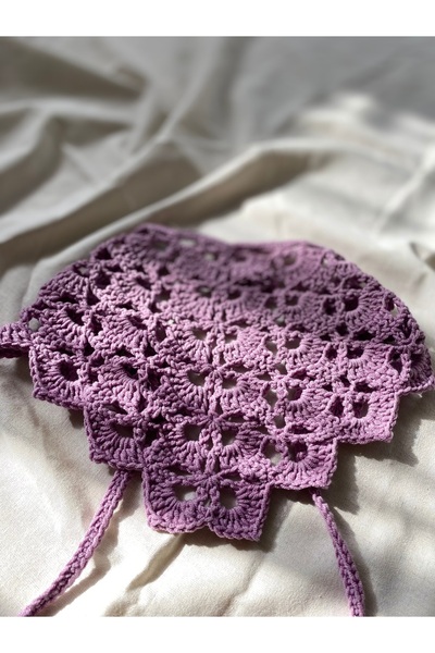 YUMAK MOR RENK ÖRGÜ BANDANA, EL ÖRGÜSÜ BANDANA