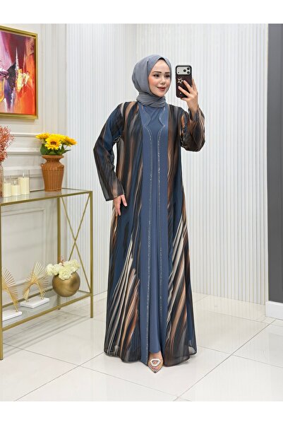 Modam Bella Plus Size Stone Detailed Patterned Double Dress Set