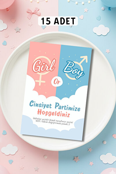 Metranya Cinsiyet Belirleme Partisi Masa Kartı, 15 Adet Baby Shower Kız mı Er...