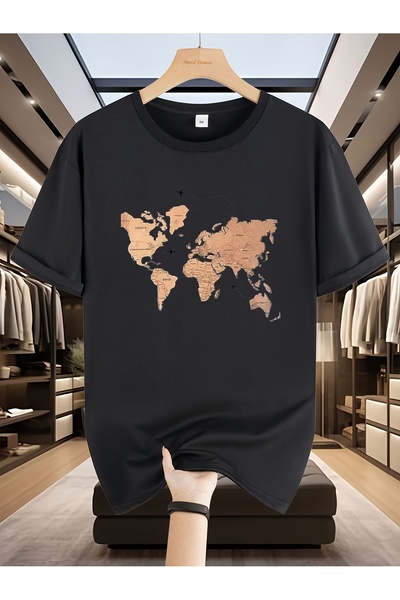 yiou trendy clothing تي شيرت رجالي بطباعة خريطة العالم - أزرق داكن بأكمام قصي...