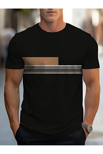 yiou trendy clothing تي شيرت رجالي كاجوال أسود بأكمام قصيرة مع خطوط مستطيلة ب...