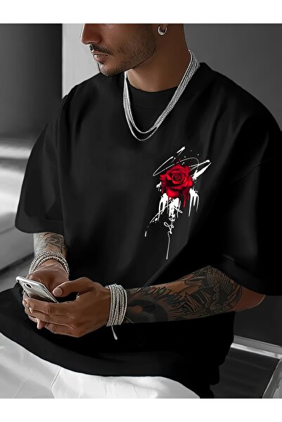 yiou trendy clothing تي شيرت رجالي أبيض بطبعة وردة حمراء بارزة - قماش مطاطي ق...