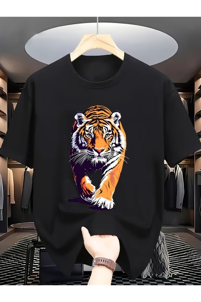 yiou trendy clothing قميص رجالي بطبعة النمر - تي شيرت بياقة دائرية وطبعة حيوا...