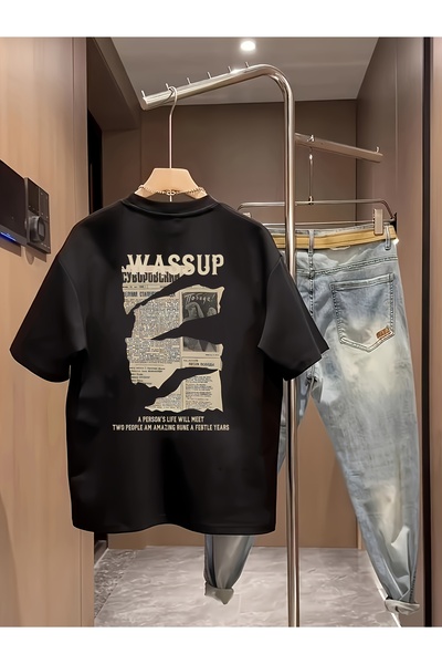 yiou trendy clothing قميص قطني ثقيل الوزن للرجال - تي شيرت أسود مطبوع بتصميم ...