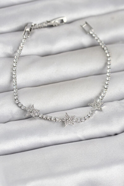 Clariss سوار نسائي من النحاس باللون الفضي موديل مينيمال ستار مرصع بحجر الزركون