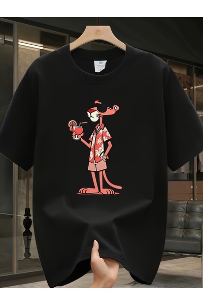 yiou trendy clothing تي شيرت أسود بأكمام قصيرة مطبوع عليه النمر الوردي، 100% ...