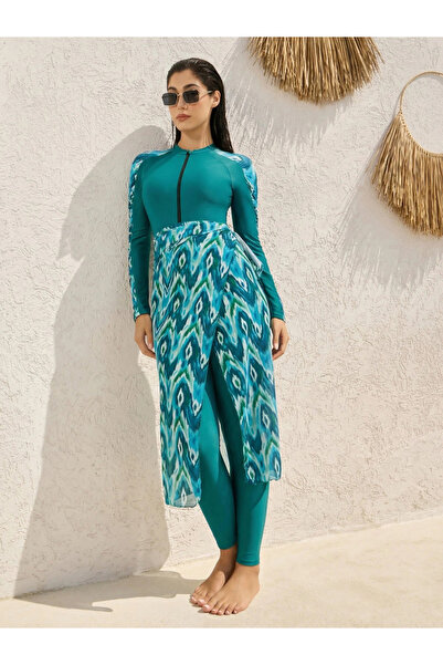 Styli Pack of 3 - Geo Print Half-Zip Swimsuit, Leggings and Printed Wrap Skir...