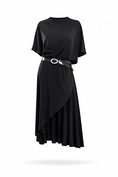 5in1Canpolat Μαύρο Φόρεμα Κρεπ με Κορδέλα και Βολάν 1324