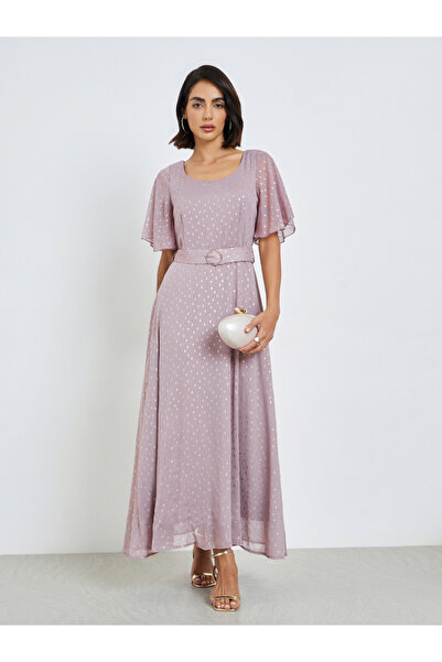 Styli Lilac Foil Print Maxi Dress with Belt