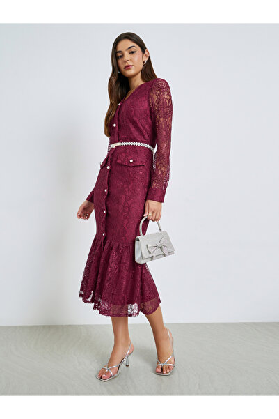 Styli Burgundy Lace Mermaid Hem Midi Dress