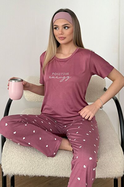 GİYSA Kadın Bisiklet Yaka Desenli Kısa Kollu Pijama Takımı Pembe - 26Y 2601