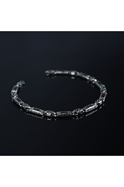 Mercan Silver 925 Ayar Gümüş Garnet Taşlı Gravürlü Erkek Zincir Bileklik