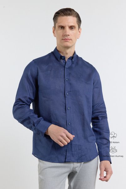 İmza Navy Blue Linen Buttoned Collar Long Sleeve Slim Fit 100% Linen Shirt 10...