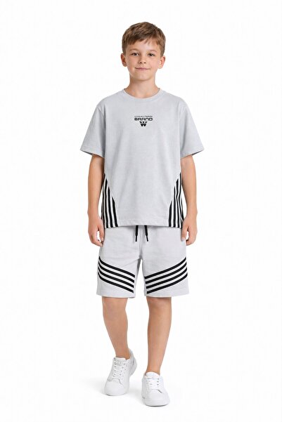 Cansın Mini Σετ μπλουζάκι με γκρι ρίγες και λογότυπο και σορτς για αγόρια 23781