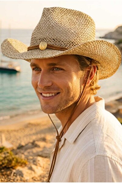 Uniquetrenders Ανδρικό καπέλο καουμπόι από ψάθινο μπεζ χρώμα, μποέμ στυλ, διά...