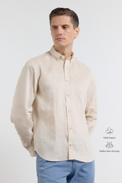 İmza Μπεζ λινό πουκάμισο με κουμπιά στο γιακά, μακρύ μανίκι, χωρίς τσέπες, στ...