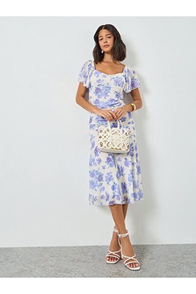 Styli Blue Floral Sheath Midi Dress with Frill Sleeve