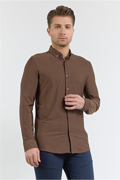 İmza Καφέ ριγέ μοτίβο ιταλικού γιακά με μακριά μανίκια και τσέπη, ελαστικό πο...