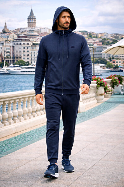 BESSA Set de trening cu glugă, albastru marin, cu buzunare cu fermoar, picior...