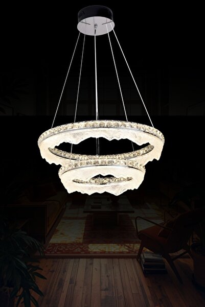 RONİSU AYDINLATMA Diora Lüks Modern 2 Katlı Kristal Led Avize 60 cm Salon Sar...