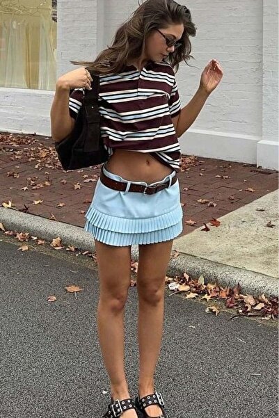 Madmext Blue Low Waist Pleated Mini Skirt Mg2724