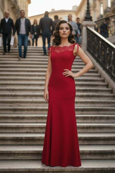 Mossta Rochie lungă din crep importat, cu decolteu bărcuță și șireturi la ume...