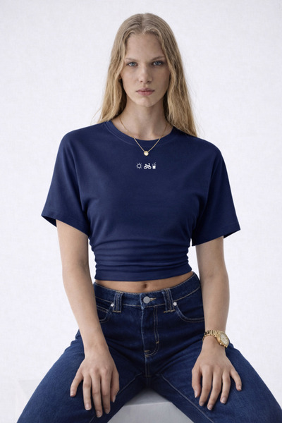 Kadın Baskılı Bisiklet Yaka Laci Crop Bluz