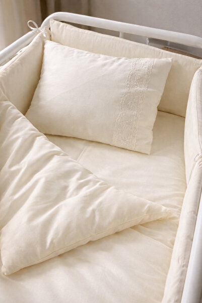 ARGİMO %100 Pamuk Bunny Beşik Bebek 7 Parça Fransız Güpürlü Uyku Seti Krem