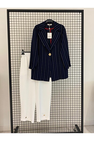 Armine TREND Striped Detailed Pocketed Blazer Jacket Elastic Waist Straight-L...